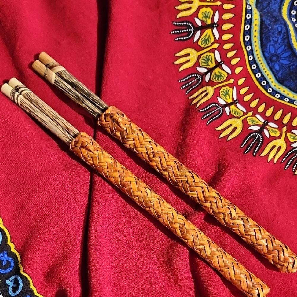 Artisan Handcrafted Natural Wood Chopsticks with Woven Storage Sleeves, Set of 2